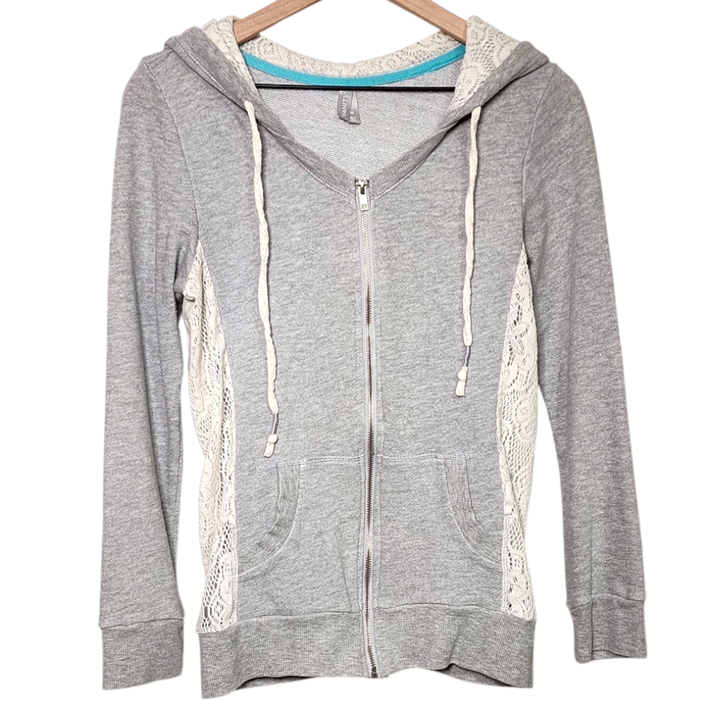 Vanity Womens Medium V-Neck Sheer Lace Lined Hooded Zip Sweatshirt Pockets Gray